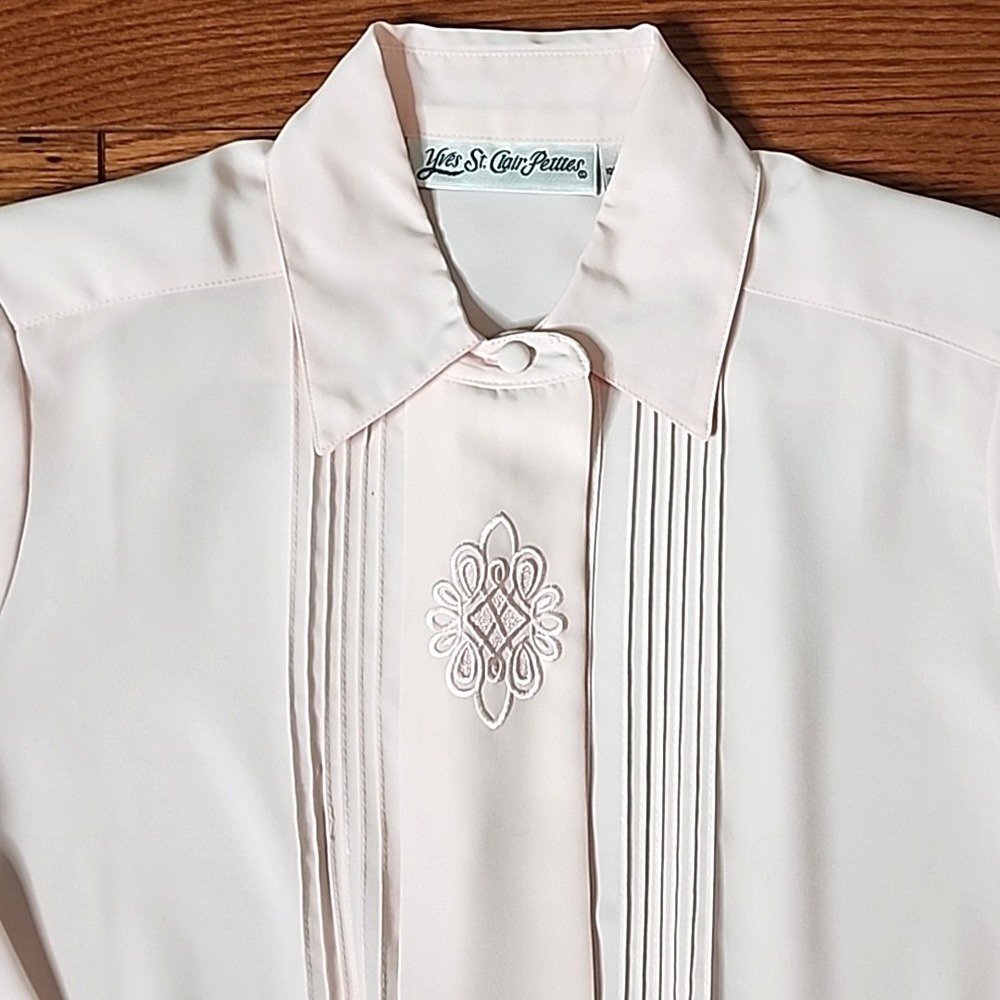 Vintage Yves St Clair Button Blouse 6 Petite Pink Embroidered Preppy Minimalist